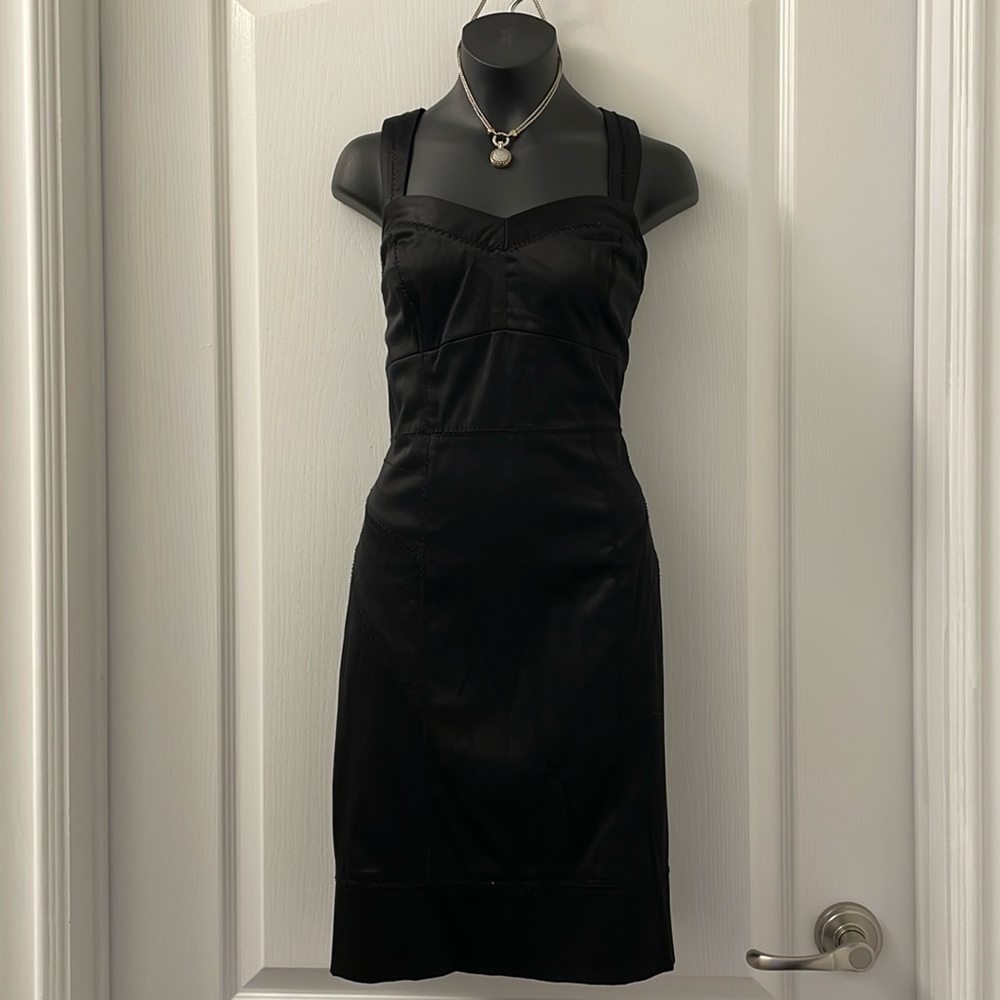 Dynamite cocktail dress black satin look zig zag stitching empire waist